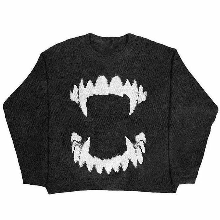 Vampire Teeth Oversized Sweater - Y2K Aesthetic 2000s Fashion Statement