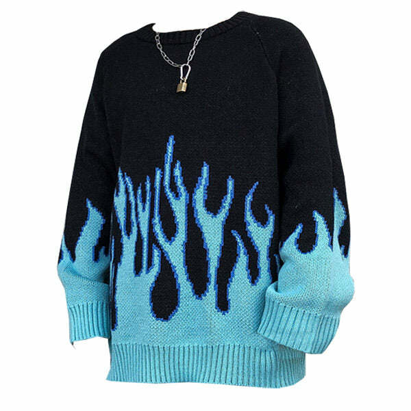 Vintage Blue Flame Sweater - Y2K Fashion Statement for 2000s Style