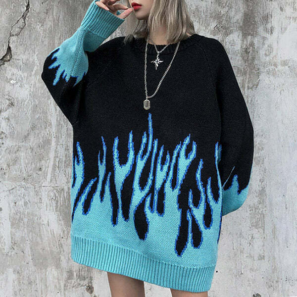 Vintage Blue Flame Sweater - Y2K Fashion Statement for 2000s Style