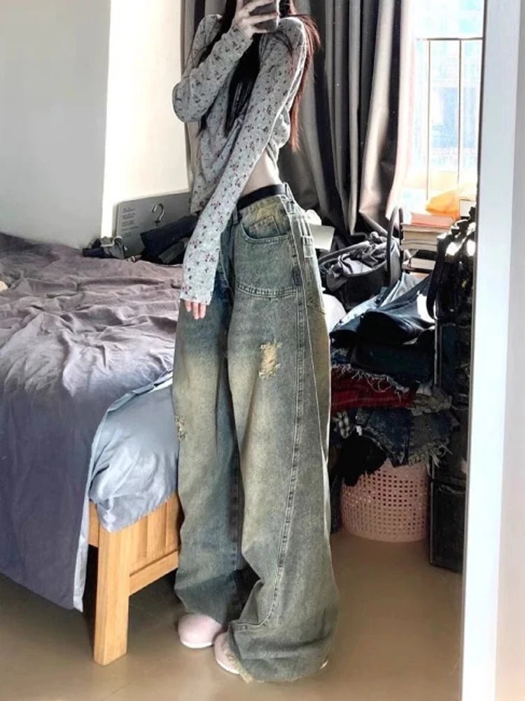 Vintage Fade Distressed Wide-Leg Jeans - Y2K Fashion Essential