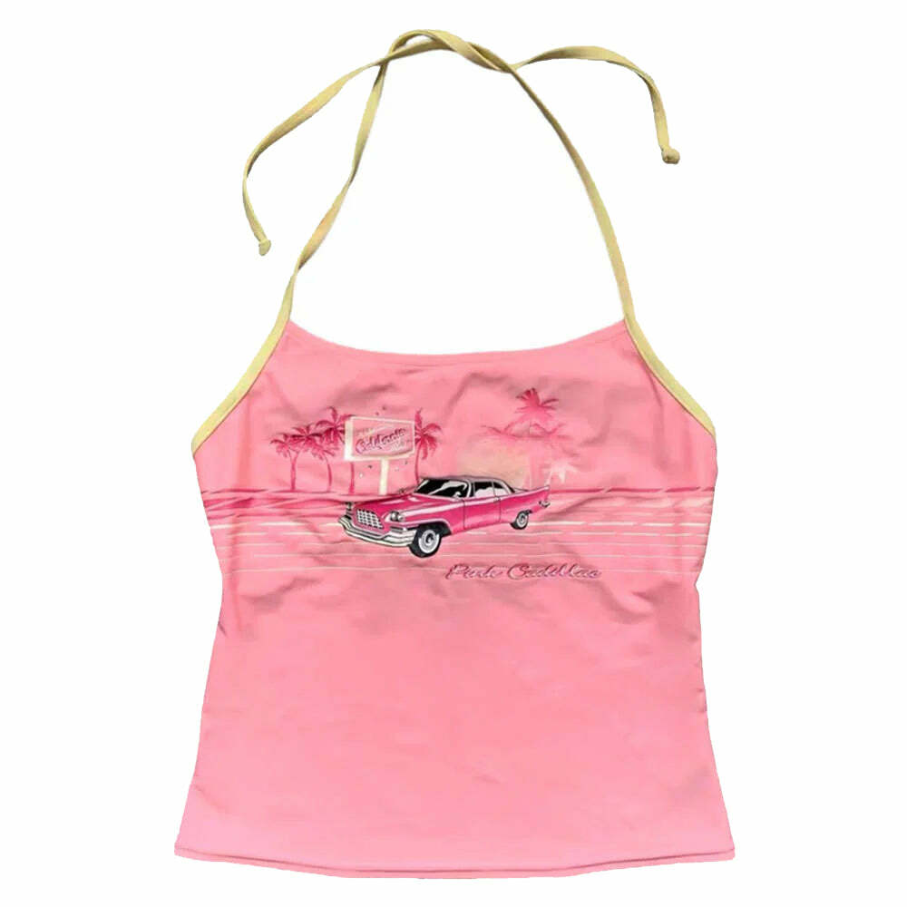 Vintage Pink Car Y2K Halter Top - Retro 2000s Fashion Aesthetic