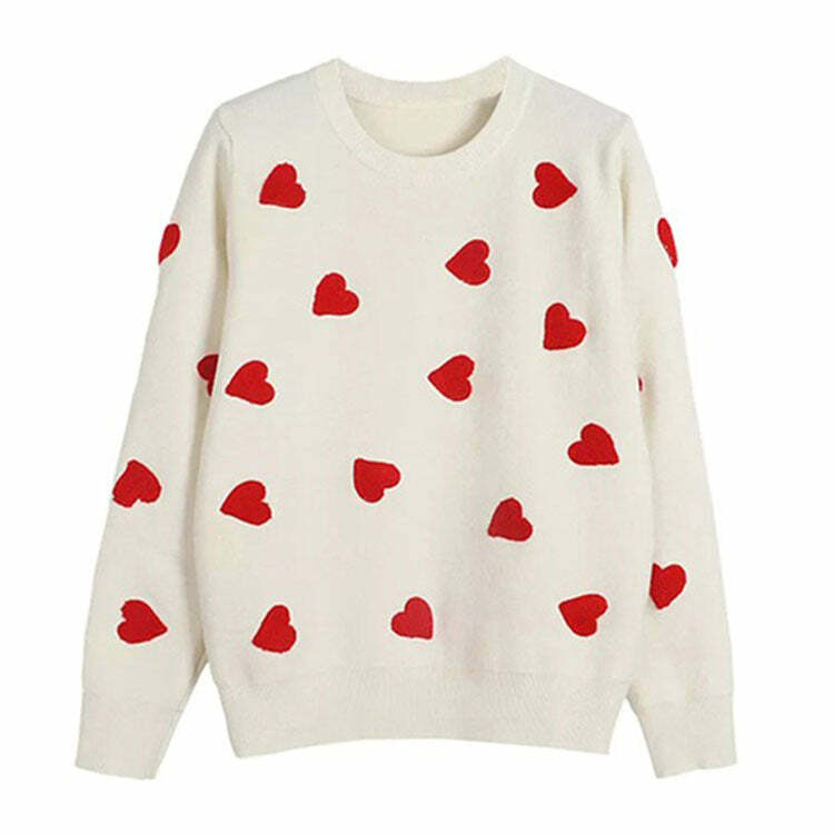 Vintage Red Hearts Y2K Sweater - 2000s Fashion Aesthetic Top