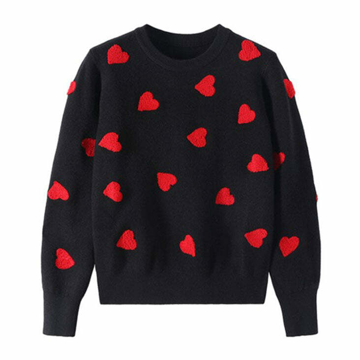 Vintage Red Hearts Y2K Sweater - 2000s Fashion Aesthetic Top