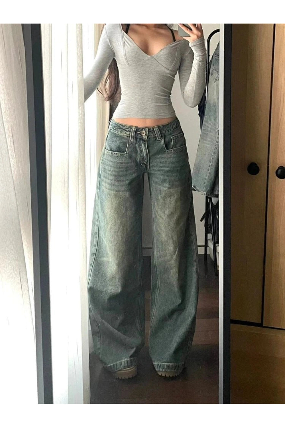 Vintage Washed Wide-Leg Jeans - Y2K Fashion Essential for 2000s Style