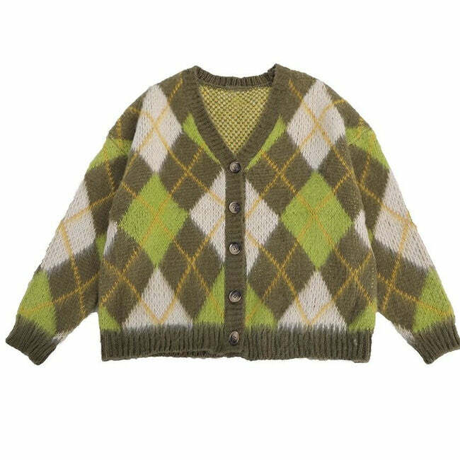 Warm Vibes Green Argyle Cardigan Sweater - Y2K Fashion Essential