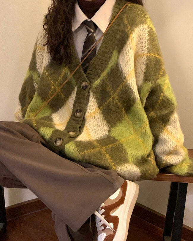 Warm Vibes Green Argyle Cardigan Sweater - Y2K Fashion Essential