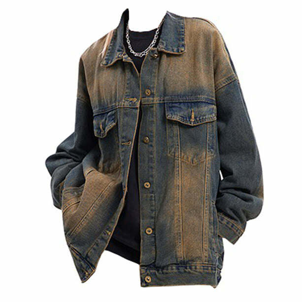 Washed Brown Loose Denim Jacket - Y2K Fashion Essential for 2000s Style