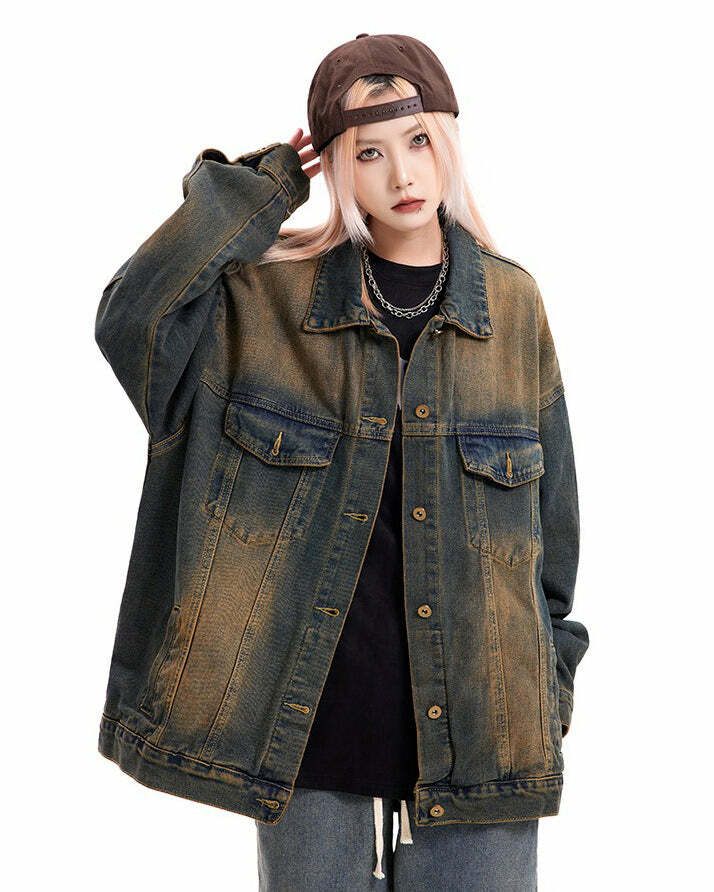 Washed Brown Loose Denim Jacket - Y2K Fashion Essential for 2000s Style