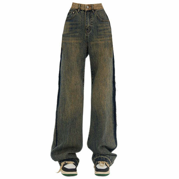 Washed Brown Y2K Jeans with Contrast Pocket - Retro 2000s Style