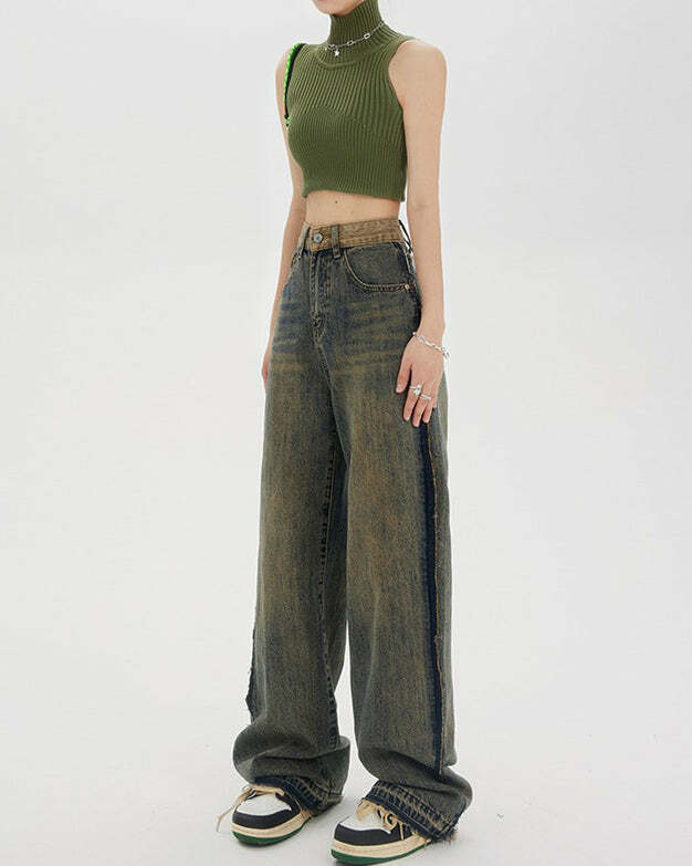 Washed Brown Y2K Jeans with Contrast Pocket - Retro 2000s Style