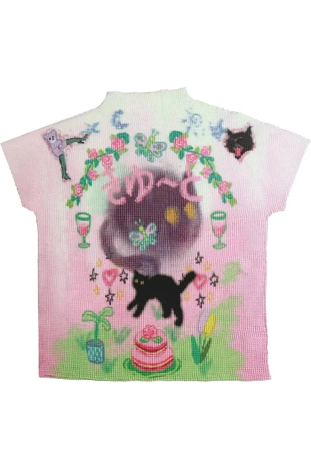 Whimsical Pastel Cat Knit T-Shirt - Y2K Fashion Aesthetic Top