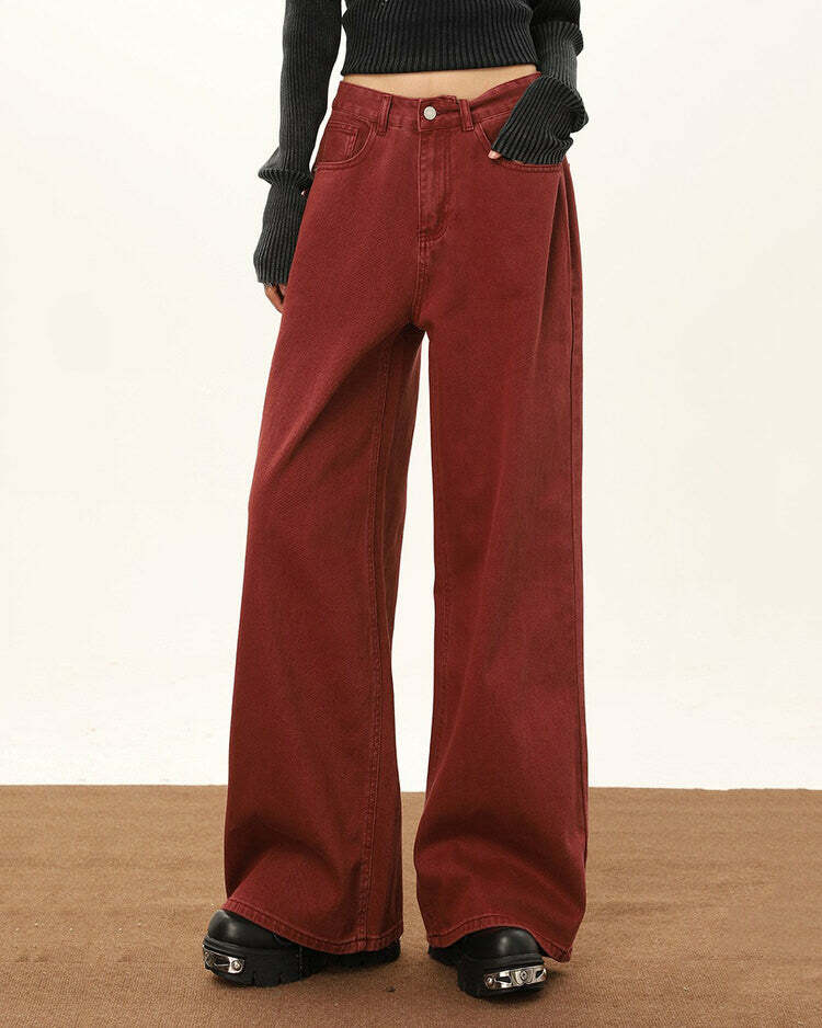 Wine Red Wide-Leg Jeans - Y2K Fashion Essential for Trendy Outfits