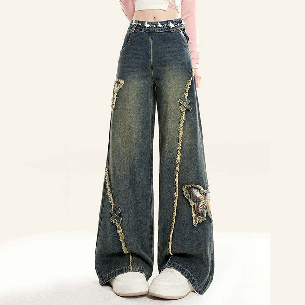 Y2K Aesthetic Butterfly Flared Jeans - Trendy 2000s Fashion Statement