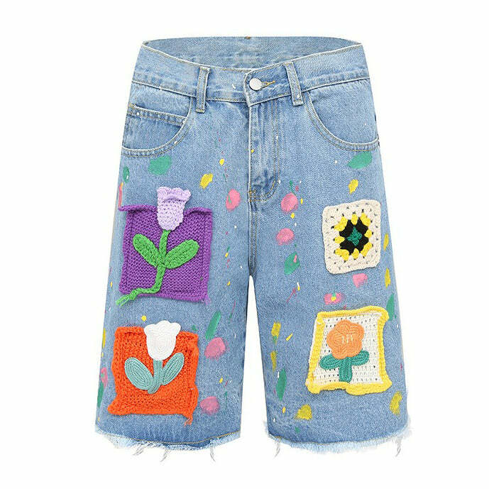 Y2K Aesthetic Crochet Flower Denim Shorts - Trendy 2000s Style Outfit