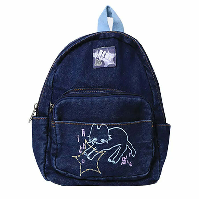 Y2K Aesthetic Denim Backpack - Retro 2000s Fashion Essential