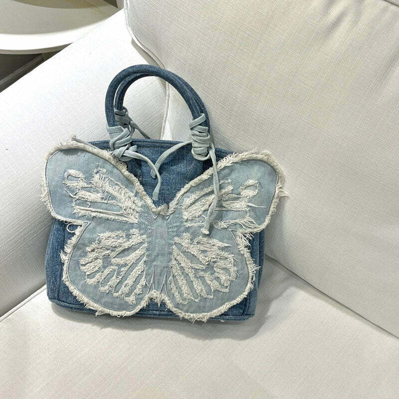 Y2K Aesthetic Denim Butterfly Handbag - Trendy 2000s Fashion Accessory