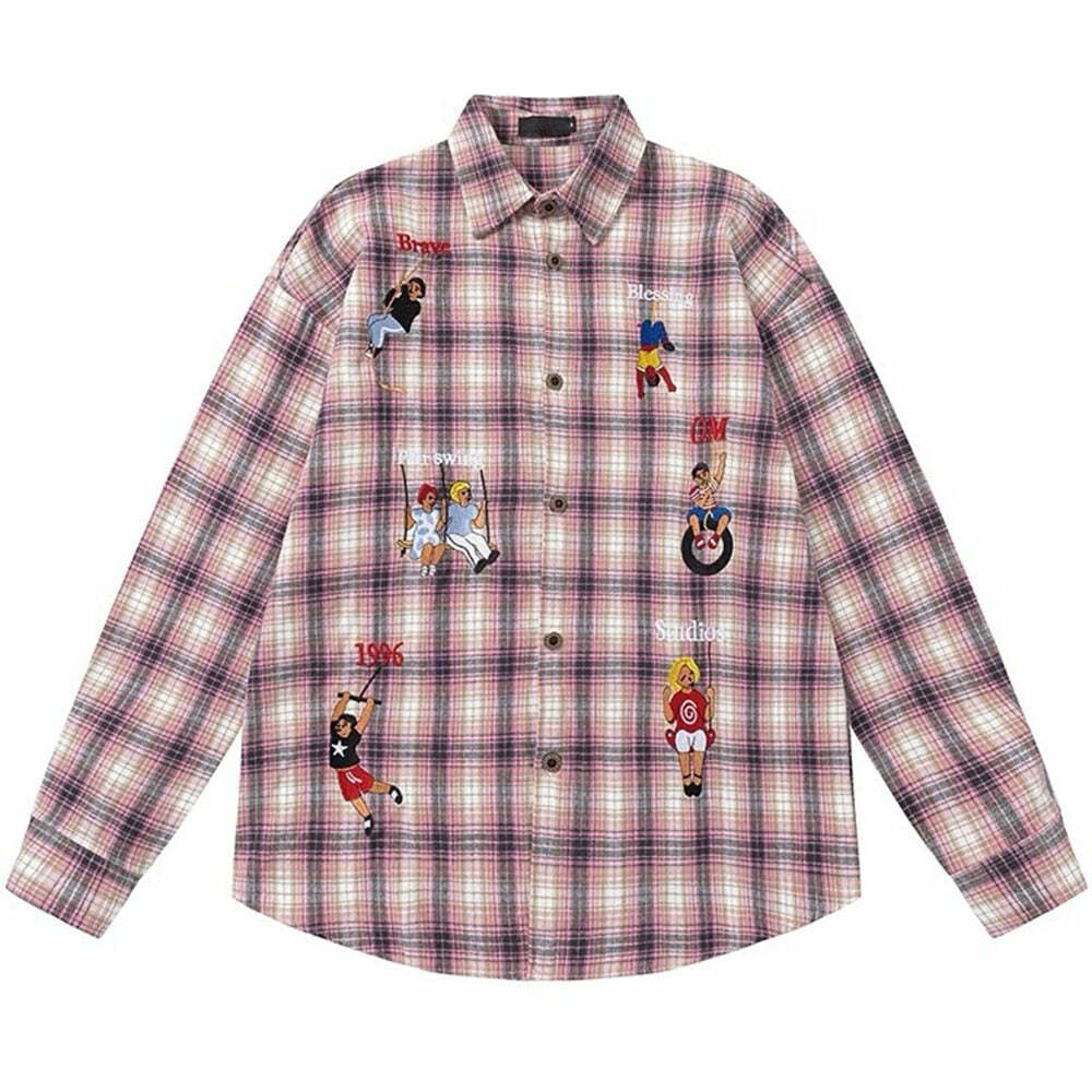 Y2K Aesthetic Embroidered Plaid Shirt - Trendy 2000s Fashion Top