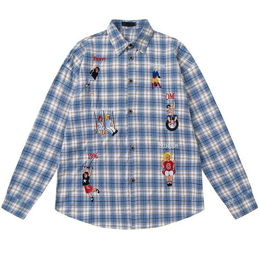 Y2K Aesthetic Embroidered Plaid Shirt - Trendy 2000s Fashion Top