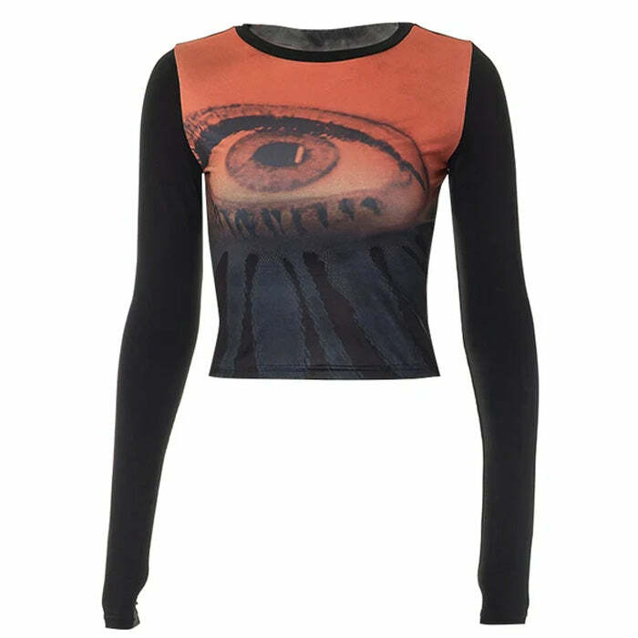 Y2K Aesthetic Eye Print Mesh Top - Trendy 2000s Style Clothing