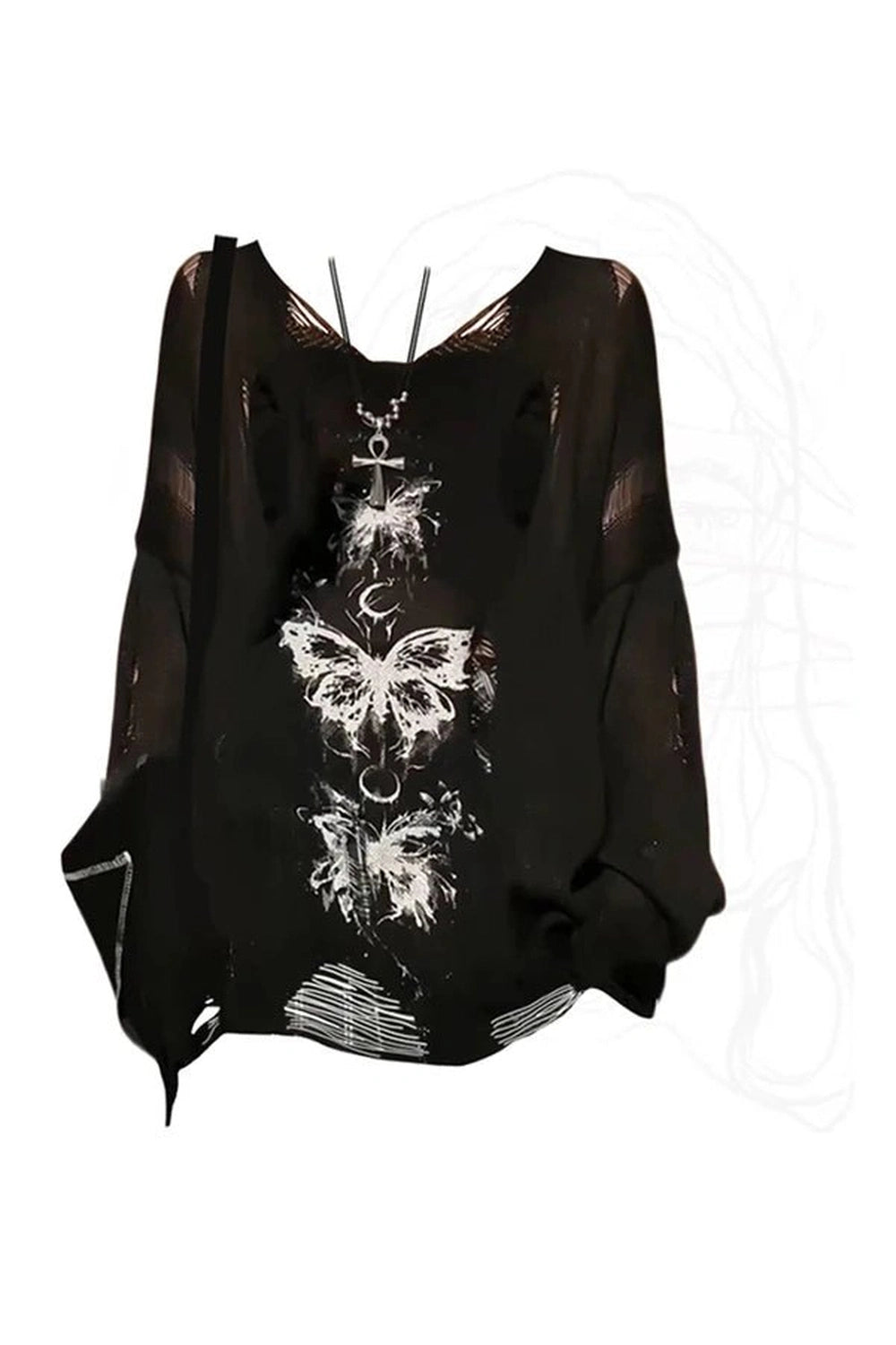 Y2K Aesthetic Fall Gothic Butterfly Distressed Sweater for Trendy Looks