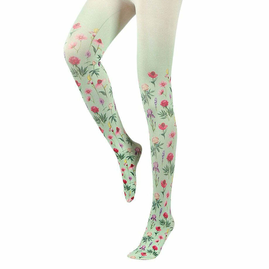 Y2K Aesthetic Floral Print Tights - 2000s Fashion Trendy Legwear