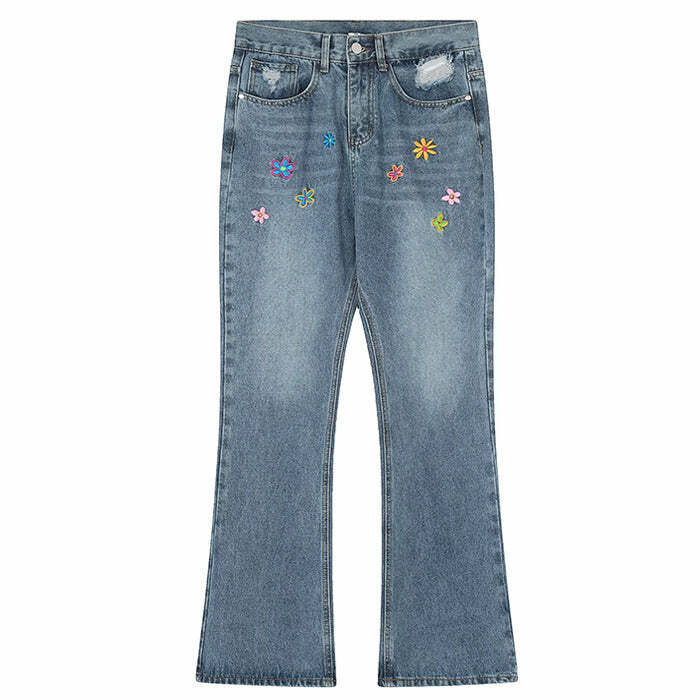 Y2K Aesthetic Flower Embroidery Jeans - Trendy 2000s Style Pants