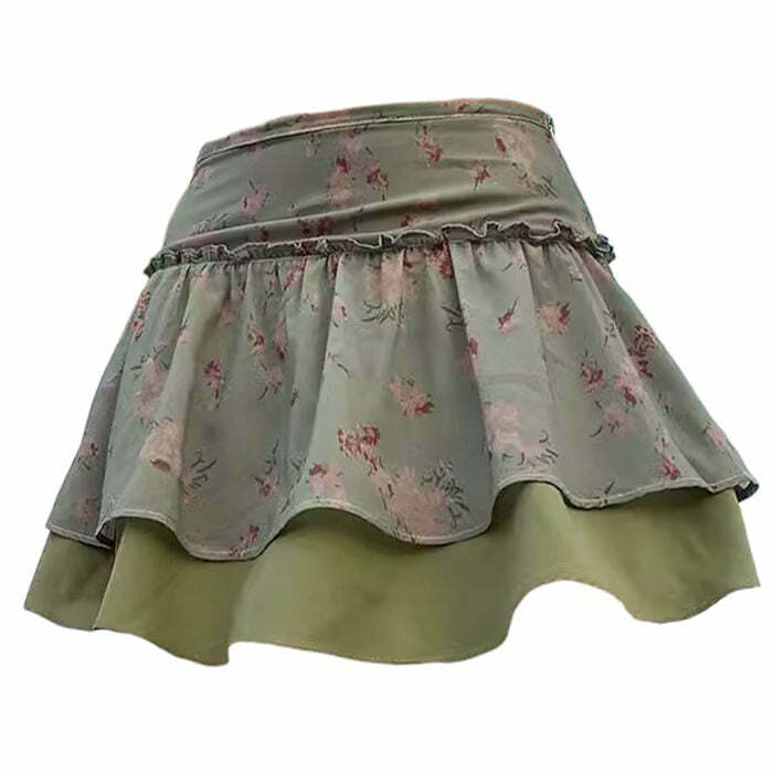 Y2K Aesthetic Green Floral Skirt - Trendy 2000s Fashion Piece