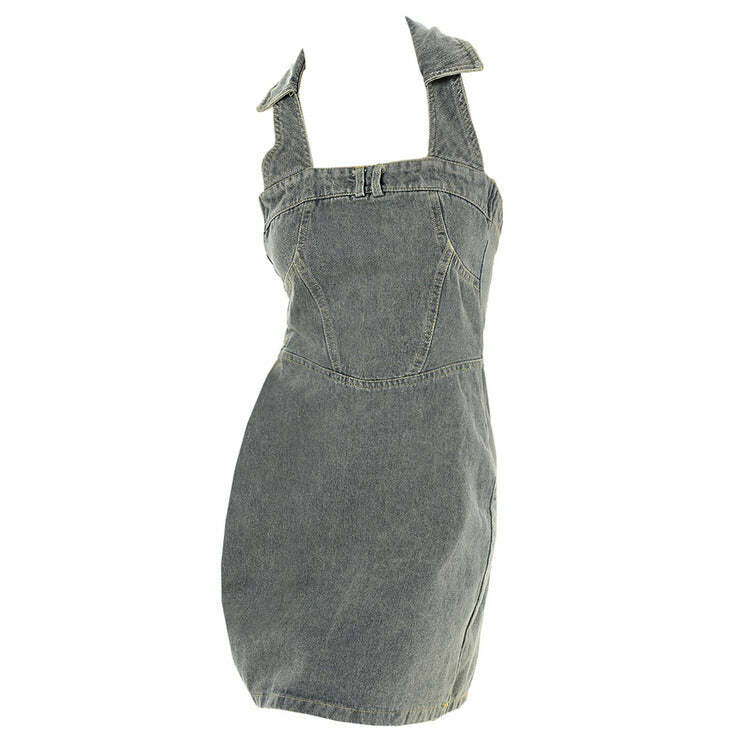 Y2K Aesthetic Halter Denim Dress - Trendy 2000s Fashion Statement