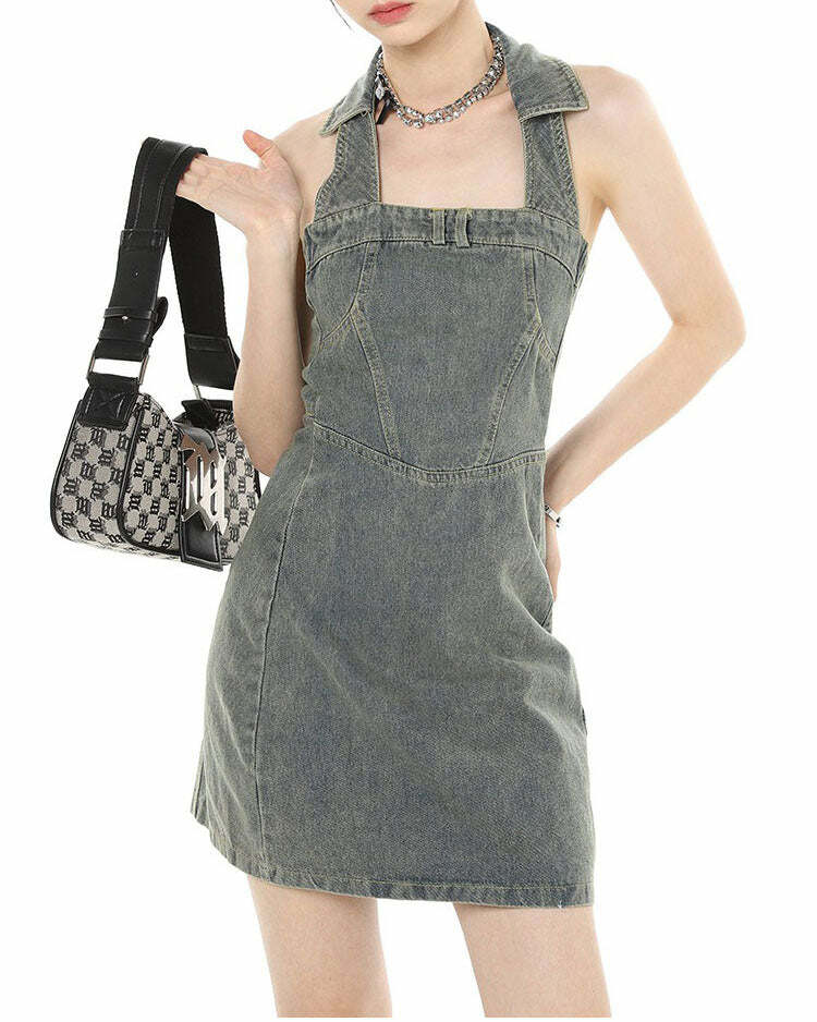 Y2K Aesthetic Halter Denim Dress - Trendy 2000s Fashion Statement