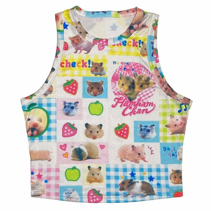 Y2K Aesthetic Hamster Print Baby Tee - Trendy 2000s Style Top