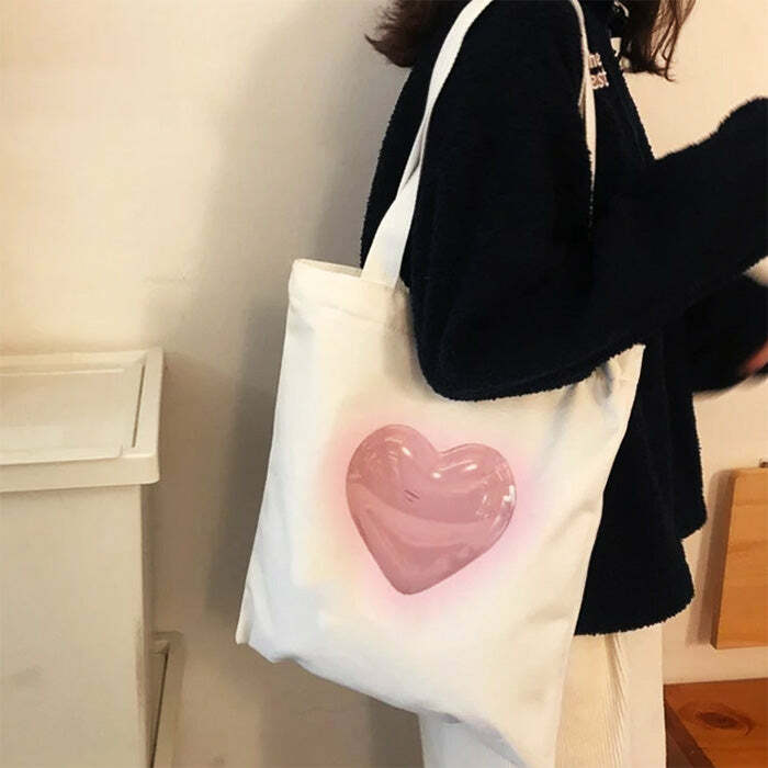 Y2K Aesthetic Heart Tote Bag - Trendy 2000s Fashion Accessory