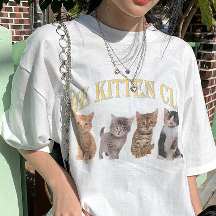 Y2K Aesthetic Kitten Club T-Shirt: Retro 2000s Fashion Top for Women