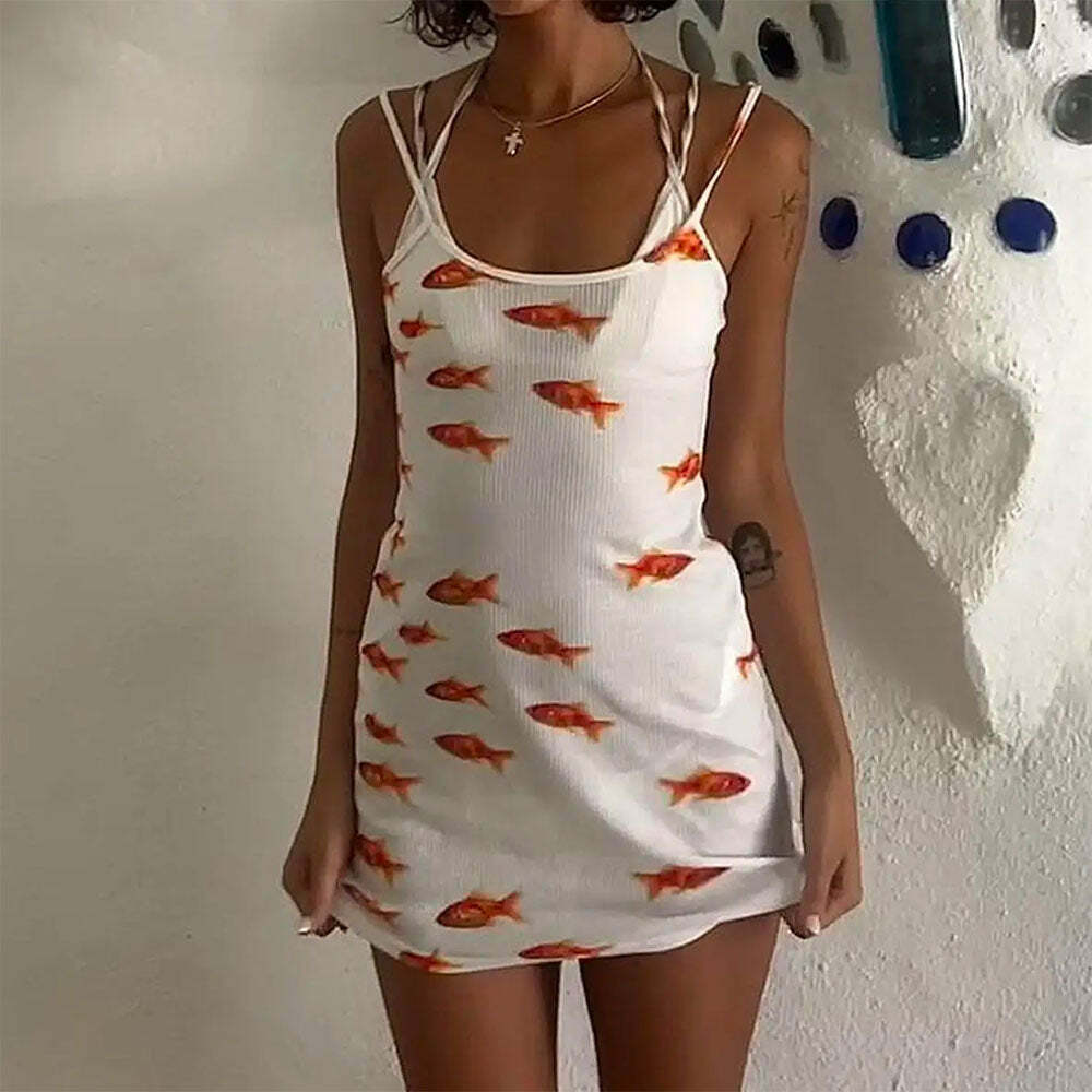 Y2K Aesthetic Koi Fish Slip Dress - Trendy 2000s Style Outfit