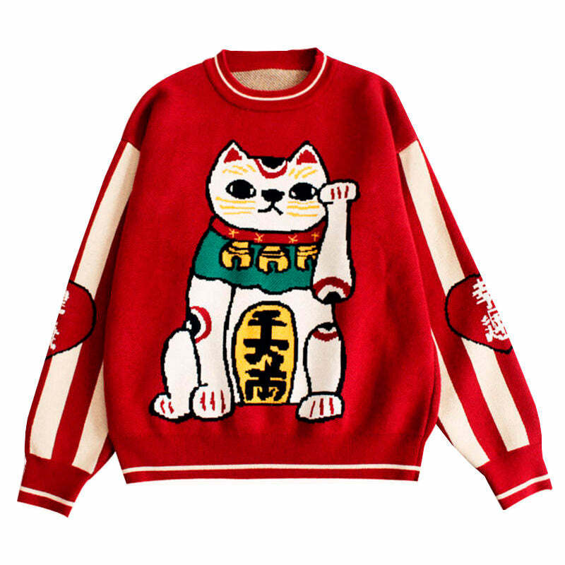 Y2K Aesthetic Maneki Neko Sweater - Trendy 2000s Style Clothing