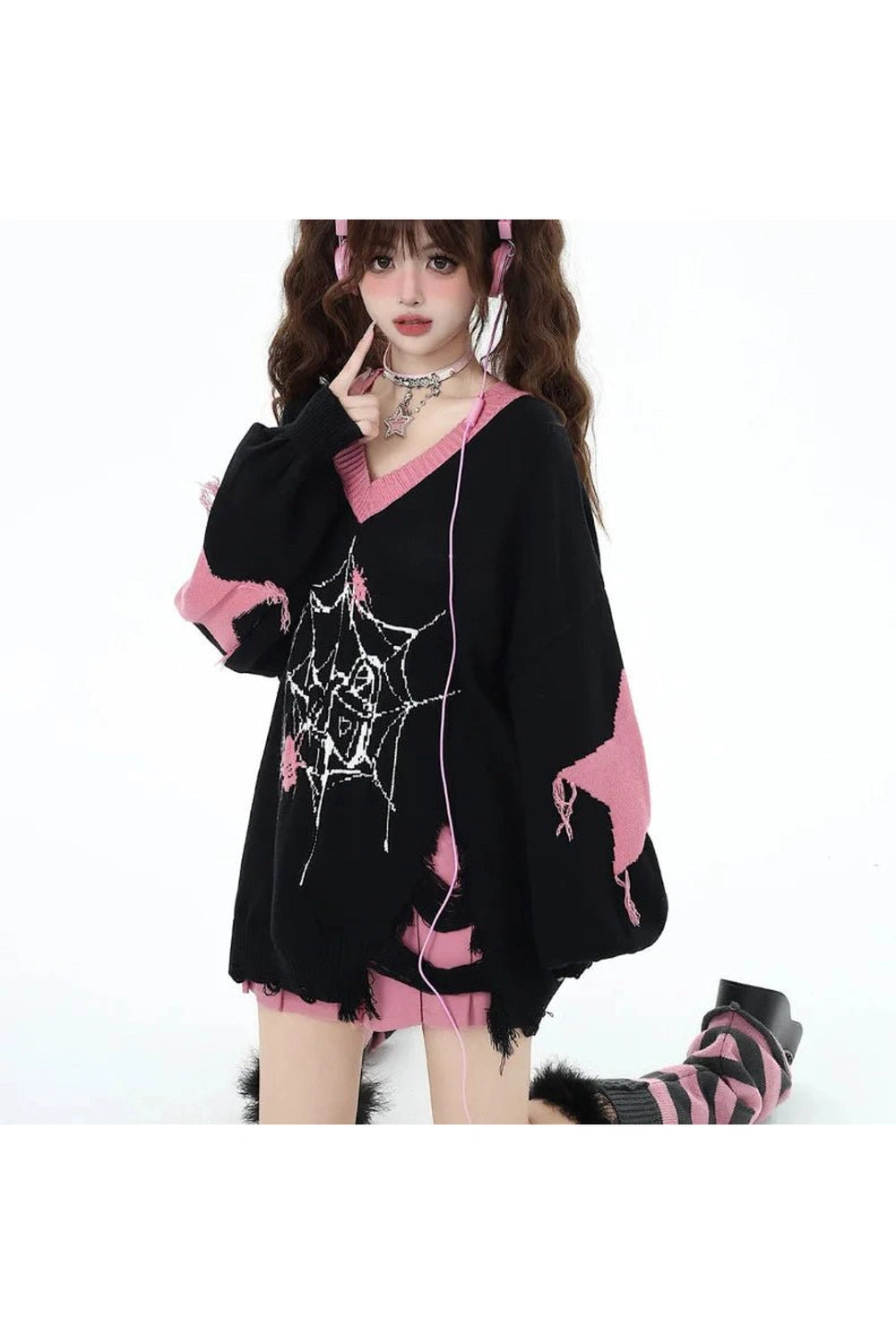 Y2K Aesthetic Pink Gothic Web Sweater - Trendy 2000s Style Top