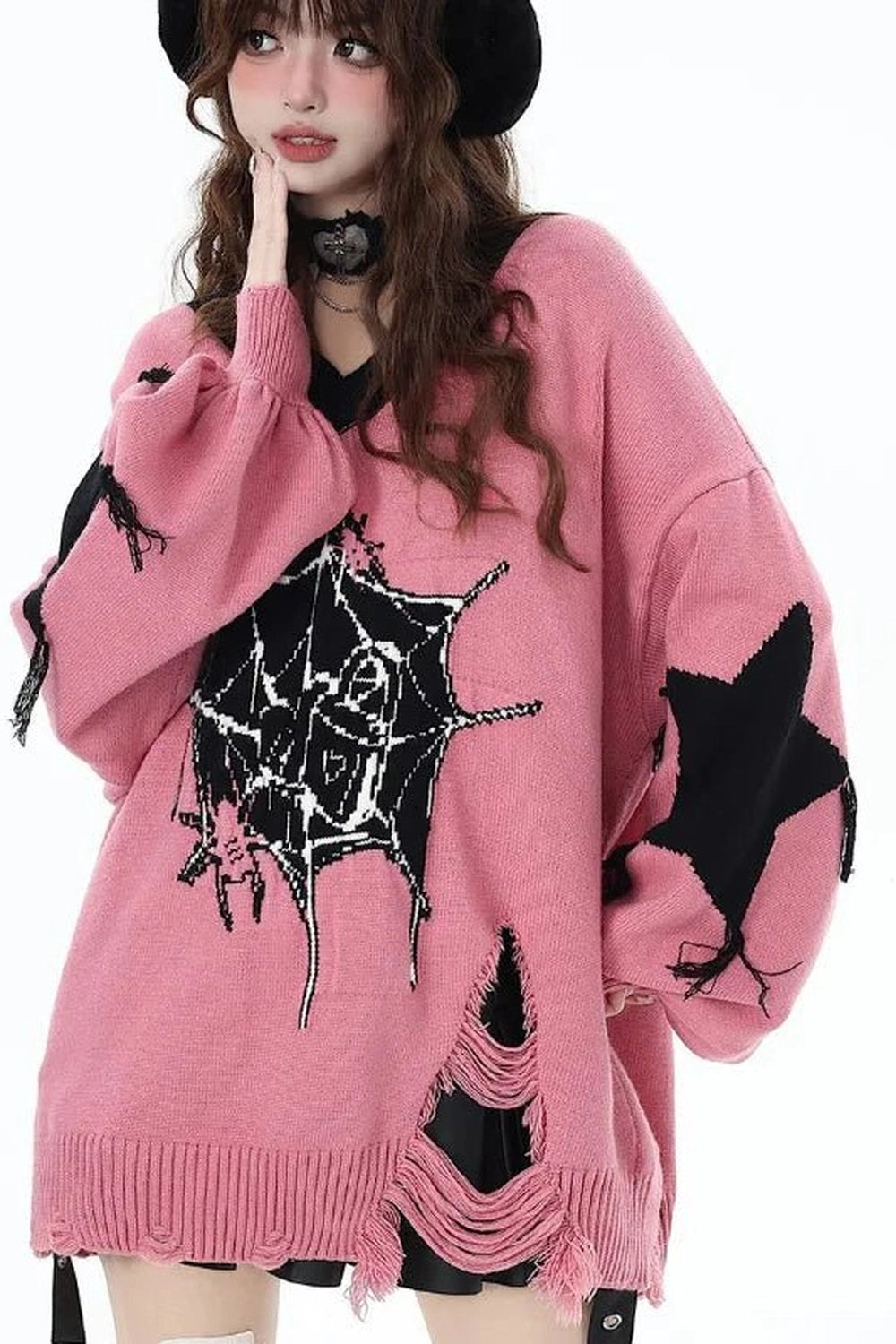 Y2K Aesthetic Pink Gothic Web Sweater - Trendy 2000s Style Top