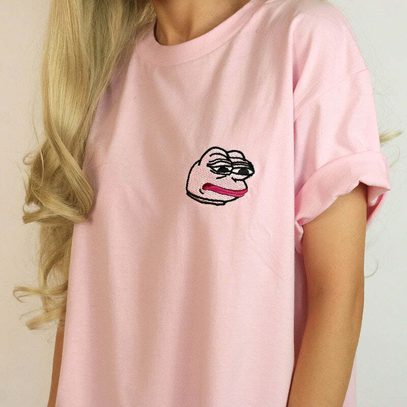 Y2K Aesthetic Pink T-Shirt with Feelz Bad Face - Trendy 2000s Style