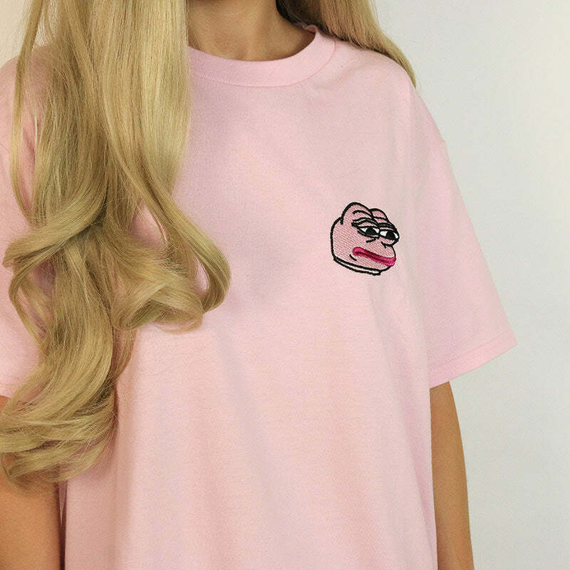 Y2K Aesthetic Pink T-Shirt with Feelz Bad Face - Trendy 2000s Style