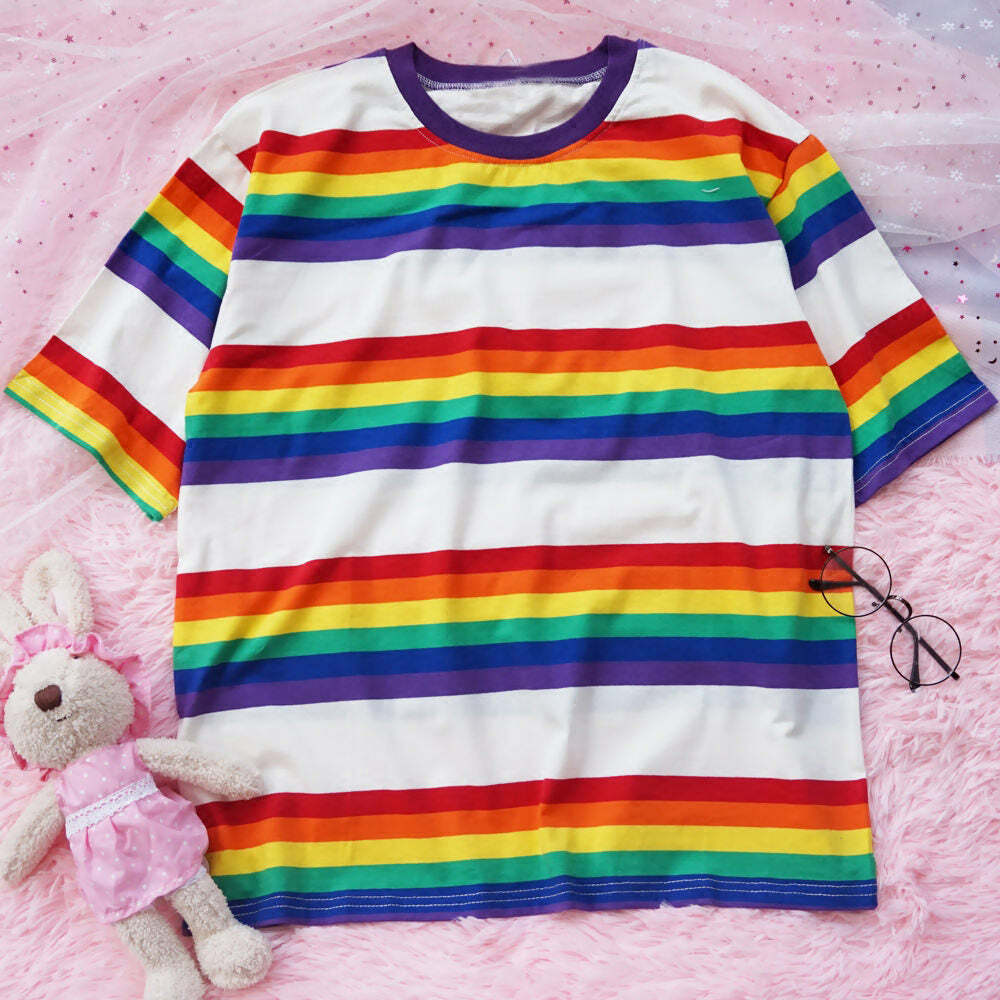 Y2K Aesthetic Rainbow Tee - Retro 2000s Fashion Top for Trendy Looks