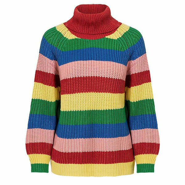 Y2K Aesthetic Roll Neck Rainbow Jumper - 2000s Fashion Trend