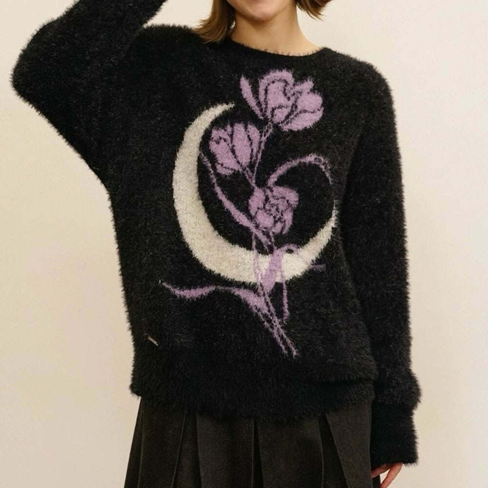 Y2K Aesthetic Rose & Moon Print Sweater - Trendy 2000s Style Top