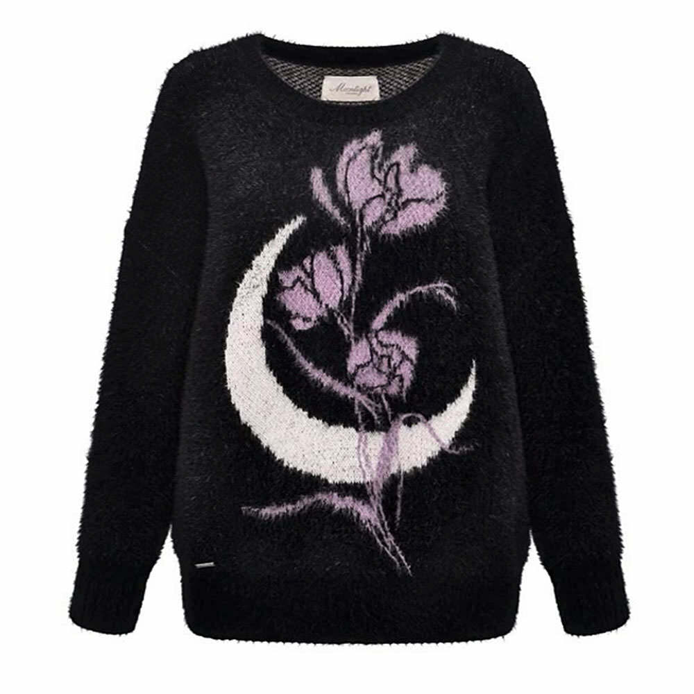 Y2K Aesthetic Rose & Moon Print Sweater - Trendy 2000s Style Top