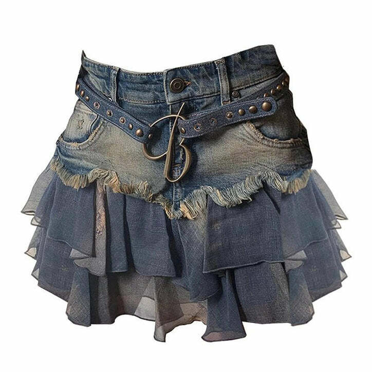 Y2K Aesthetic Ruffled Denim Skirt - Trendy 2000s Fashion Essential