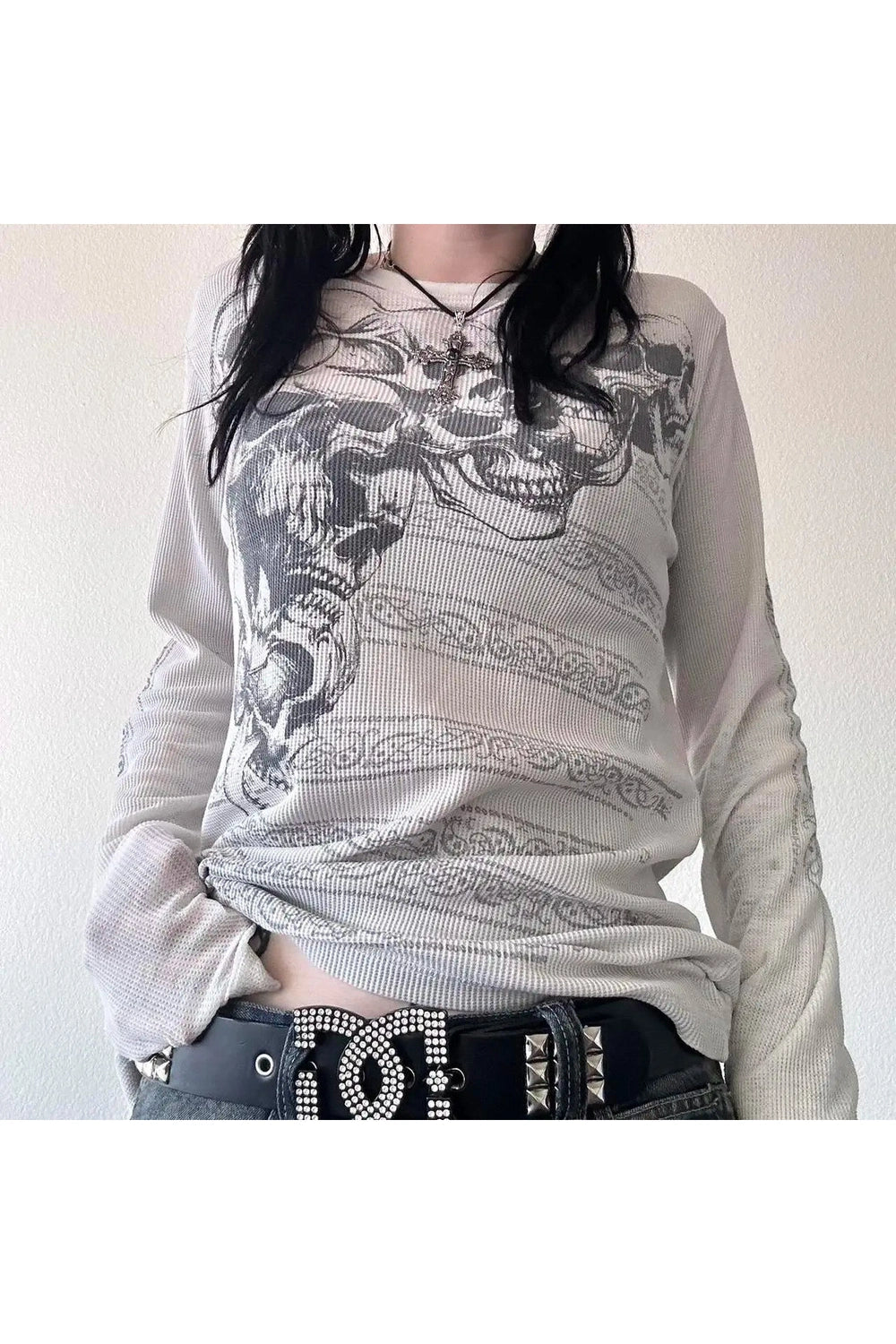 Y2K Aesthetic Skeleton Print Long Sleeve Mesh Top for Trendy Outfits