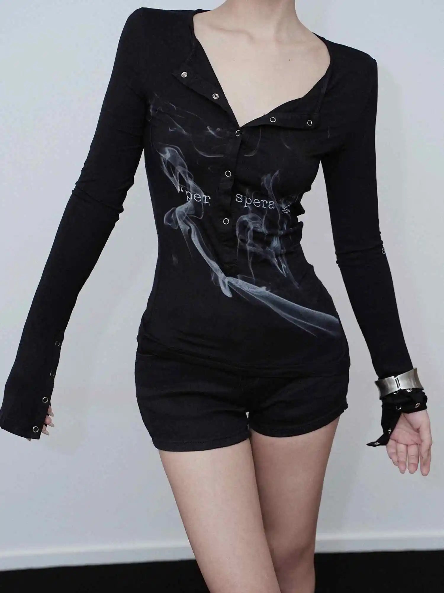 Y2K Aesthetic Smoke Print Goth Top - Trendy 2000s Style Clothing