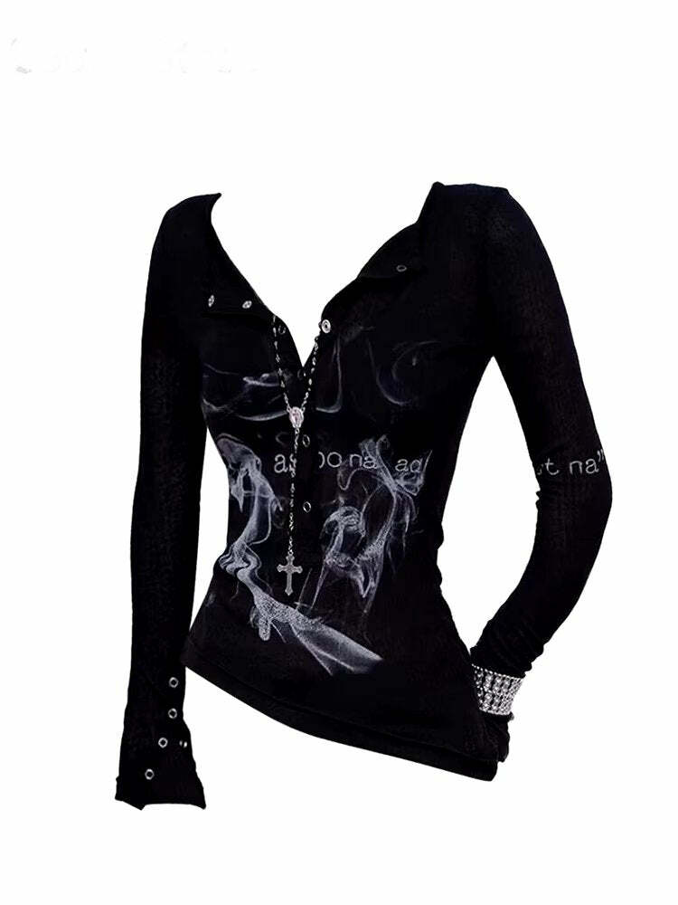 Y2K Aesthetic Smoke Print Goth Top - Trendy 2000s Style Clothing