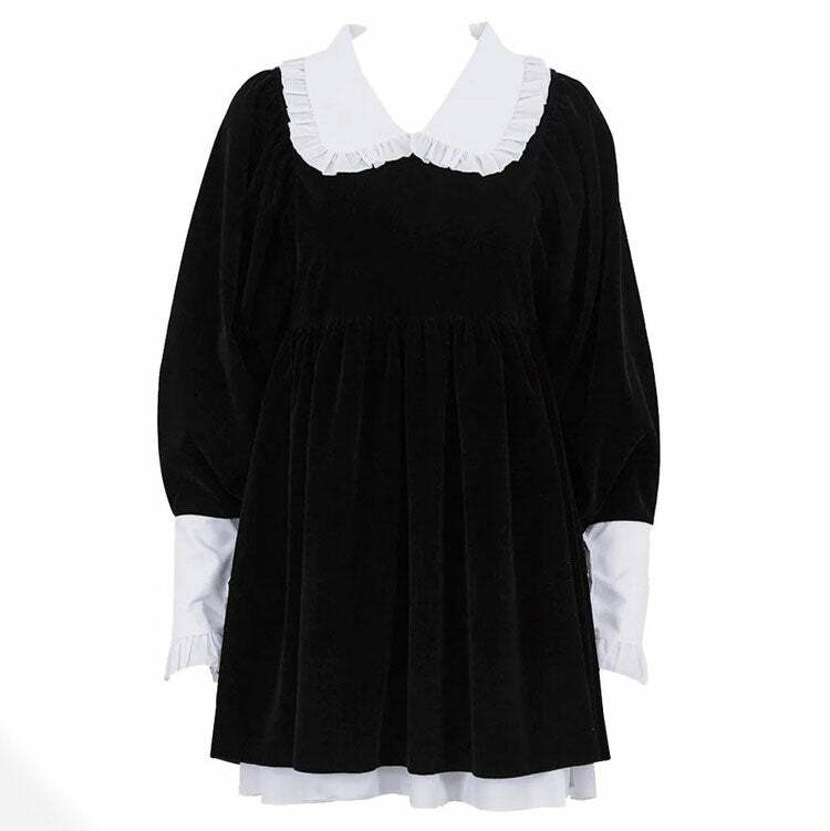 Y2K Aesthetic Velvet Collar Mini Black Dress - 2000s Fashion Trend