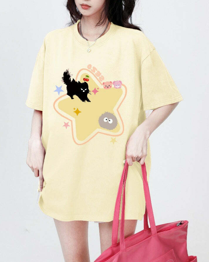 Y2K Aesthetic Yellow Star Cat T-Shirt - Trendy 2000s Style Top