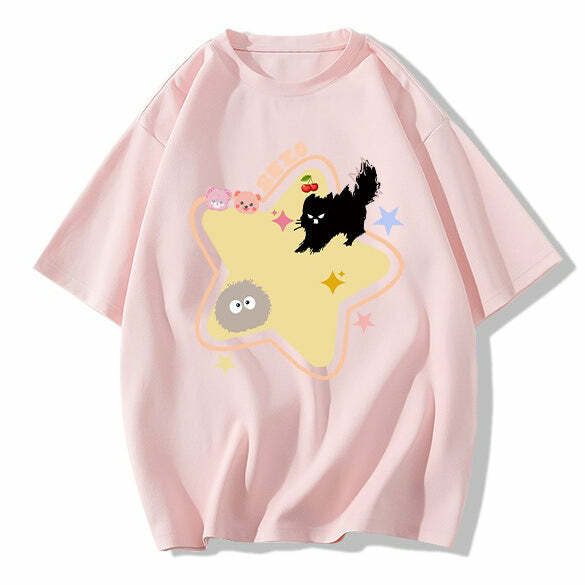 Y2K Aesthetic Yellow Star Cat T-Shirt - Trendy 2000s Style Top