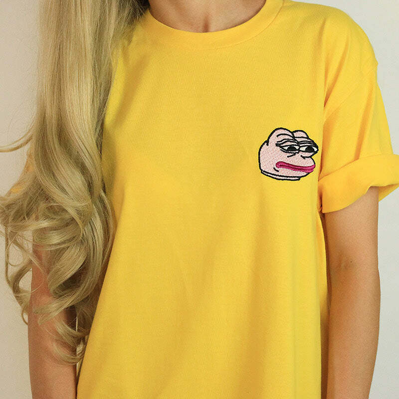 Y2K Aesthetic Yellow T-Shirt with Feelz Bad Face - Trendy 2000s Style